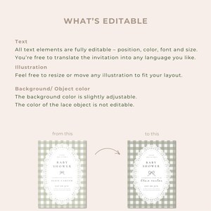 Puede incluir: Dise&ntilde;o de invitaci&oacute;n para baby shower con fondo de cuadros vichy y marco ovalado de encaje blanco. El texto dice "BABY SHOWER" y "Elsie Carter". La imagen muestra la invitaci&oacute;n antes y despu&eacute;s de la edici&oacute;n.