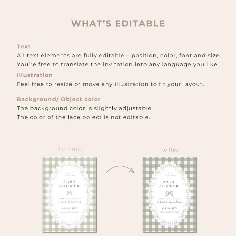 Puede incluir: Dise&ntilde;o de invitaci&oacute;n para baby shower con fondo de cuadros vichy y marco ovalado de encaje blanco. El texto dice "BABY SHOWER" y "Elsie Carter". La imagen muestra la invitaci&oacute;n antes y despu&eacute;s de la edici&oacute;n.