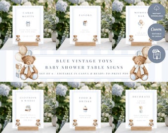 May include: A set of six printable baby shower table signs featuring watercolor illustrations of teddy bears, balloons, and building blocks. The signs include text for cards and gifts, favors, a mimosa bar, guestbook, food and drinks, and decorate.