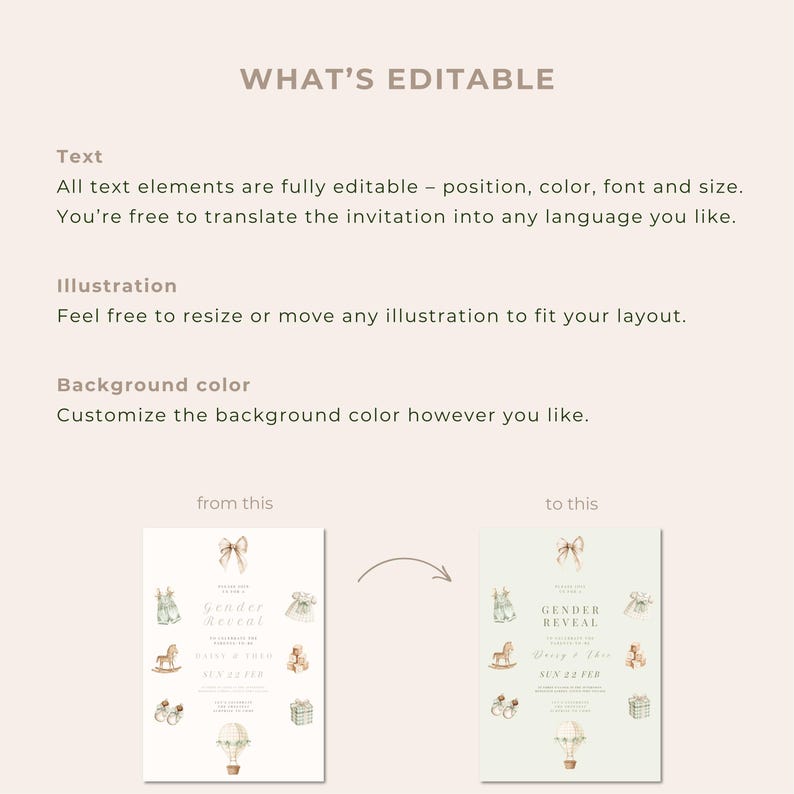 May include: A gender reveal invitation design with a soft, neutral color palette. The design includes illustrations of baby-related items like a rocking horse, a hot air balloon, and a gift box. The text says "Gender Reveal".