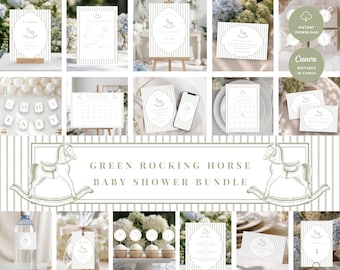 May include: A baby shower stationery bundle featuring a green rocking horse illustration and vertical stripes. The set includes invitations, thank you cards, menus, table numbers, favor tags, water bottle labels, and a banner with the text OH BABY.