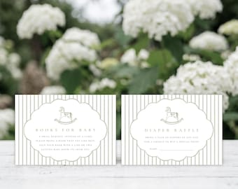 May include: Two rectangular cards with a light gray vertical stripe pattern. Each card features a central scalloped frame containing a rocking horse illustration. The left card reads BOOKS FOR BABY and the right card reads DIAPER RAFFLE with text.