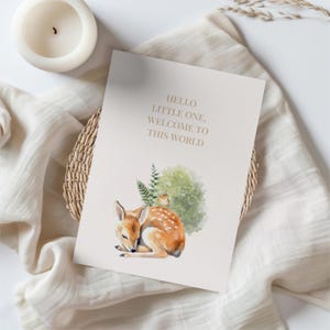 Tarjeta digital de felicitación de nacimiento / Tarjeta de cervatillo del bosque / Imprimible y en formato móvil / Descarga instantánea / Animal del bosque caprichoso