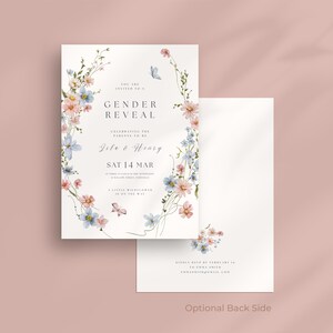 May include: A gender reveal invitation card featuring watercolor illustrations of pink and blue wildflowers and butterflies. The text reads: You are invited to a gender reveal, celebrating the parents to be, Lila & Henry, Sat 14 Mar, at three o'clock in the afternoon, 12 Willow Street, Fernville, a little wildflower is on the way.