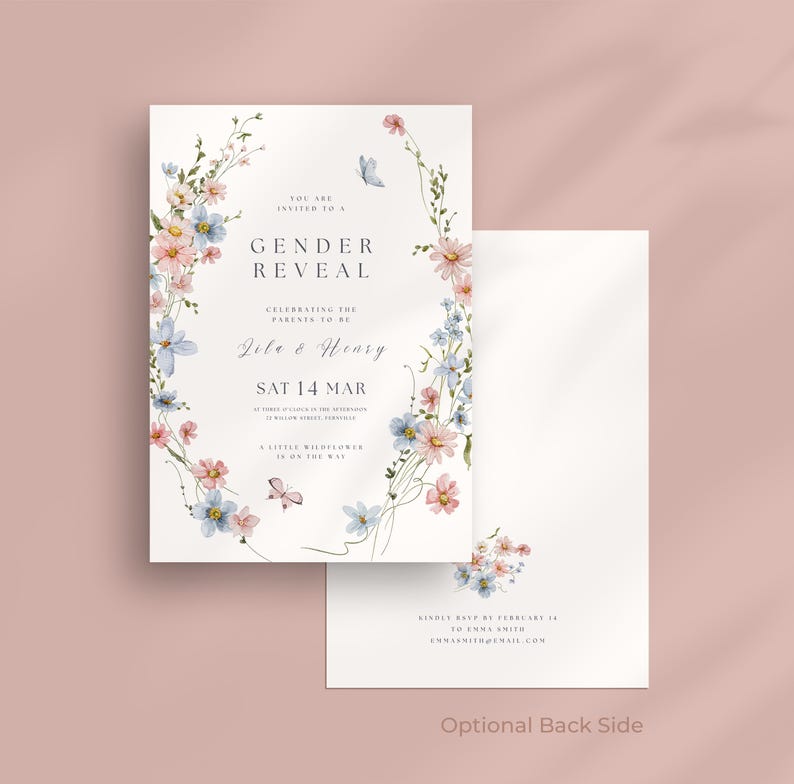 May include: A gender reveal invitation card featuring watercolor illustrations of pink and blue wildflowers and butterflies. The text reads: You are invited to a gender reveal, celebrating the parents to be, Lila & Henry, Sat 14 Mar, at three o'clock in the afternoon, 12 Willow Street, Fernville, a little wildflower is on the way.