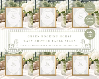 May include: A set of six printable baby shower table signs featuring a green rocking horse illustration on a white background with vertical gray stripes. Each sign is framed in gold and includes text for cards, gifts, sweets, guestbook, favors, food, drinks, and a mimosa bar.