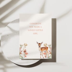 Digital Birth Congratulations Card | Woodland Fawn Baby Card | Gender Neutral | Printable + Mobile Format | Instant Download | Greenery