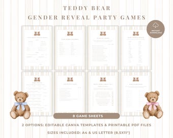May include: A set of eight printable gender reveal party game sheets featuring a teddy bear theme with beige stripes. The sheets include text such as TEDDY BEAR GENDER REVEAL PARTY GAMES, 8 GAME SHEETS, and 2 OPTIONS: EDITABLE CANVA TEMPLATES & PRINTABLE PDF FILES.