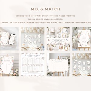 May include: A digital collection of gender reveal party stationery featuring floral designs. The set includes invitations, banners, signs, and game cards with text such as Mix & Match, Floral Gender Reveal, and He or She. The layout displays multiple templates.