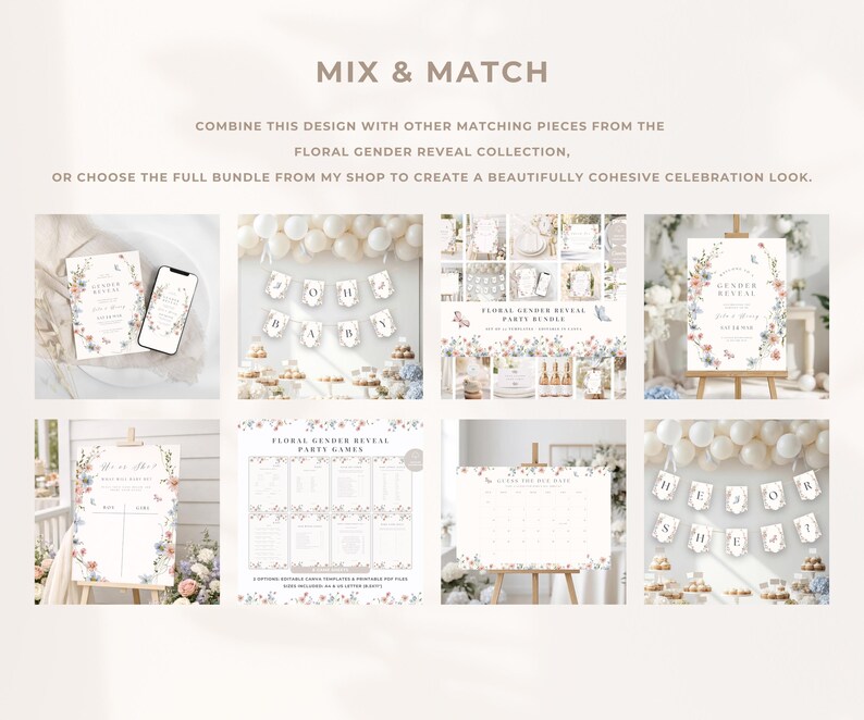 May include: A digital collection of gender reveal party stationery featuring floral designs. The set includes invitations, banners, signs, and game cards with text such as Mix & Match, Floral Gender Reveal, and He or She. The layout displays multiple templates.