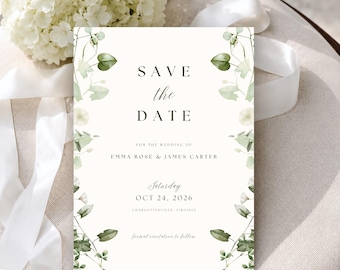 May include: A rectangular Save the Date card with a white background and green botanical illustrations along the sides. The text reads: SAVE the DATE, FOR THE WEDDING OF EMMA ROSE & JAMES CARTER, Saturday OCT 24, 2026, CHARLOTTESVILLE, VIRGINIA, formal invitation to follow.