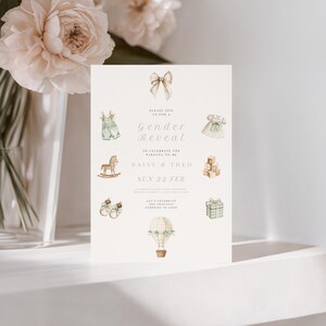 May include: A gender reveal invitation card with watercolor illustrations of baby items. The card features the text "Gender Reveal" and details for Daisy & Theo, with a date of Sun 22 Feb. The design includes a bow, baby clothes, and a hot air balloon.