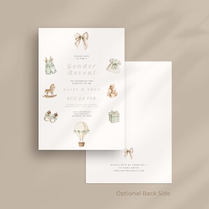 May include: A gender reveal invitation with watercolor illustrations of baby items, including a dress, toy blocks, a rocking horse, and a hot air balloon. The invitation is white with text that reads "Gender Reveal" and the names "Daisy & Theo".
