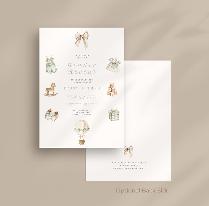 May include: A gender reveal invitation with watercolor illustrations of baby items, including a dress, toy blocks, a rocking horse, and a hot air balloon. The invitation is white with text that reads "Gender Reveal" and the names "Daisy & Theo".