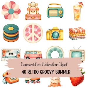 Retro Groovy Summer Clipart 40 Commercial Use 300 DPI Clipart 3000x3000px Pastel Colours