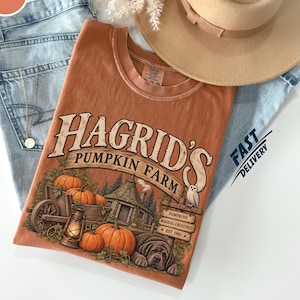 May include: A rust-colored t-shirt featuring a graphic print that reads Hagrid's Pumpkin Farm, depicting a wooden cart, pumpkins, a small hut, an owl, and a dog. The shirt is paired with light blue denim jeans and a tan wide-brimmed felt hat.