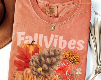 Comfort Colors® Fall Vibes Autumn Graphic T Shirt, Cozy Pumpkin Tee, Cute Squirrel and Hedgehog Fall Leaves Shirt, Thanksgiving Season Top