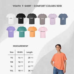 May include: A display of youth t-shirts in various colors, including white, black, grey, and blue jean. The image includes a size chart with measurements in inches and a young person wearing an orange t-shirt.