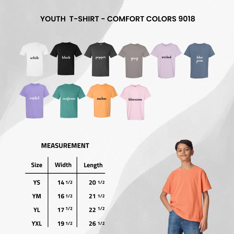 May include: A display of youth t-shirts in various colors, including white, black, grey, and blue jean. The image includes a size chart with measurements in inches and a young person wearing an orange t-shirt.