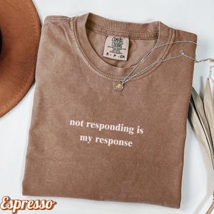 May include: Espresso-colored t-shirt with the phrase "not responding is my response" in white. The shirt has a crew neck and short sleeves. A silver necklace with a small pendant is draped on the shirt.