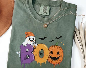 Comfort Colors® Сute Ghost Coffee Shirt , Halloween Boo Shirt, Halloween Pumpkin T-Shirt, Spooky Season Tee, Ghost Coffee Shirt, Ghost Shirt