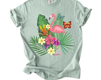 Comfort Colors® Tropical Flamingo Shirt, Hibiscus Flower Graphic Tee, Retro Summer Beach Vibes T-Shirt, Butterfly Palm Tshirt, Flamingo Tee