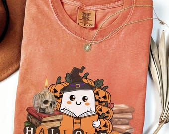 Comfort Colors® Ghost Reading Halloween Shirt for Book Lovers, Teacher Librarian Spooky Season Tee, Bookish Halloween School Shirt