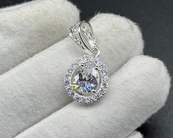 Art Deco 925 Sterling Silver Plated Cubic Zirconia Pendant Necklace: Vintage Bridal Jewelry