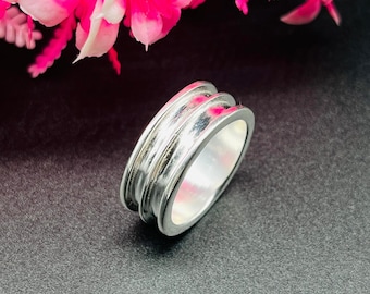 925 Sterling Silver Plated Inlay Ring: Bezel Resin Work, Flat Edge Band