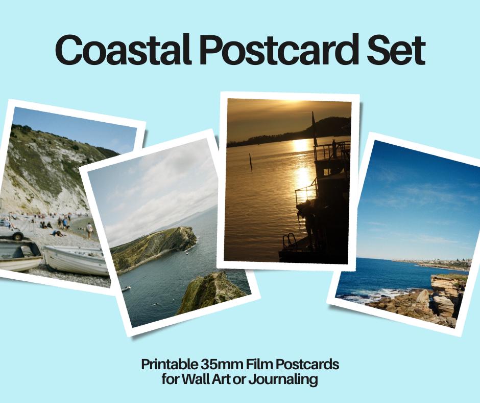 Coastal Europe – set van 4 afdrukbare filmpostkaarten | Muurkunst aan zee | Reisfotografie voor dagboek of display