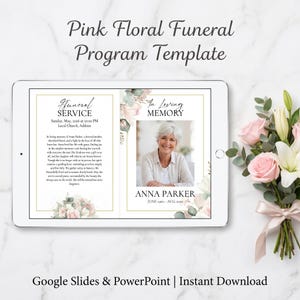 Mall för begravningsprogram med rosa blommor — Google Presentationer och PowerPoint | Minnesstund | Direktnedladdning