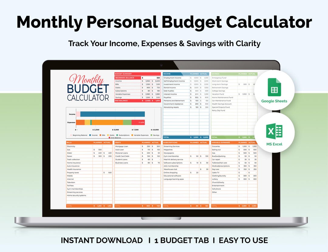 Monthly Budget Calculator Excel | Google Sheets Budget Template ...