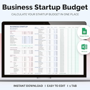 Puede incluir: Un portátil muestra una plantilla de presupuesto para la puesta en marcha de un negocio. La pantalla muestra una hoja de cálculo con varias categorías financieras. El texto "Business Startup Budget" está en la parte superior. También incluye el texto "Instant Download | Easy to Edit | 1 Tab".