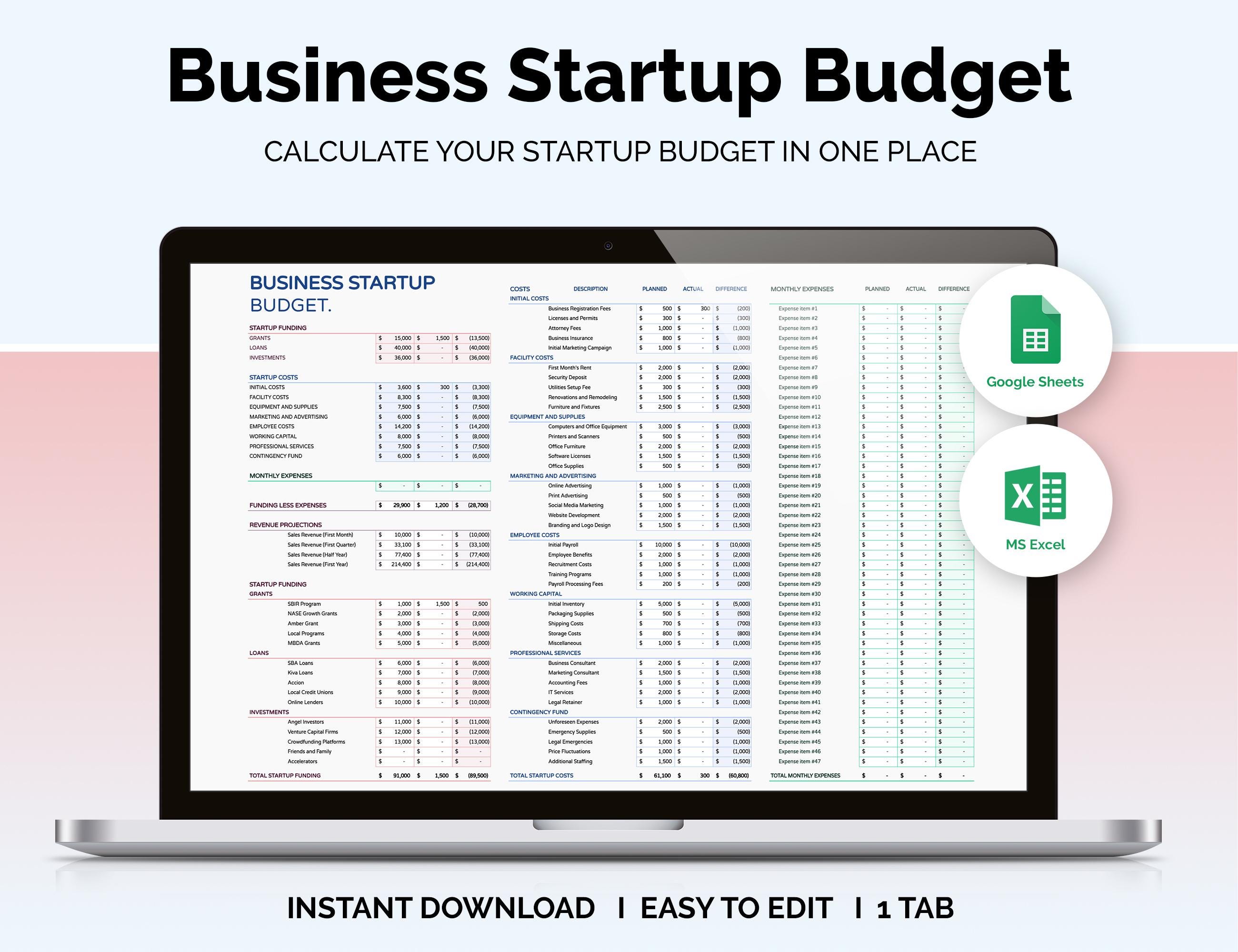Startup Budget Template – Excel & Google Sheets | Small Business Cost Planner