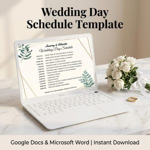 May include: A white laptop displaying a Wedding Day Schedule Template for Jeremy & Alberta, featuring green leaf illustrations and gold geometric lines. The screen lists a timeline from 6:30 AM to 9:00 PM, accompanied by a bouquet of white roses.