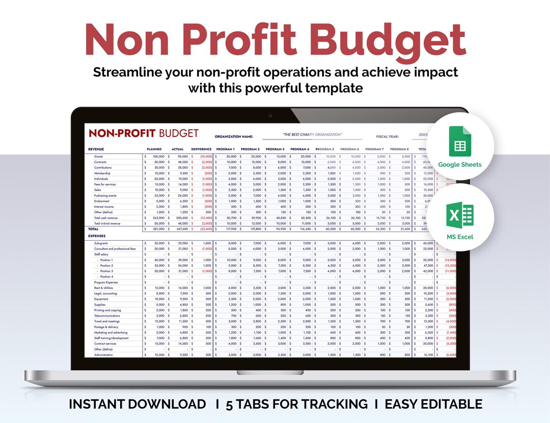 Nonprofit Budget Template | Excel & Google Sheets - Etsy