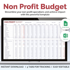 Może przedstawiać: Ekran laptopa wyświetlający szablon "Budżet organizacji non-profit". Szablon zawiera sekcje dotyczące przychodów i wydatków, z kolumnami dla planowanych, rzeczywistych i referencyjnych danych. Obraz zawiera również ikony Google Sheets i MS Excel.