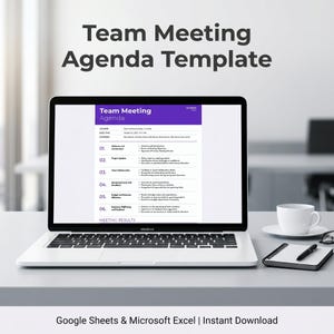 May include: A laptop screen displaying a Team Meeting Agenda Template with six numbered sections, including Welcome and Introductions, Project Updates, Team Collaboration, Upcoming Events and Deadlines, Budget and Resource Allocation, and Employee Well-being.