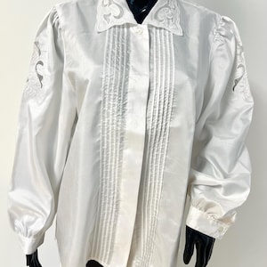 Vintage 80s White Satin Blouse by Yessica – Embroidered Collar & Sleeve Cutout – Size 38,M, new,never worn- elegant women blouse