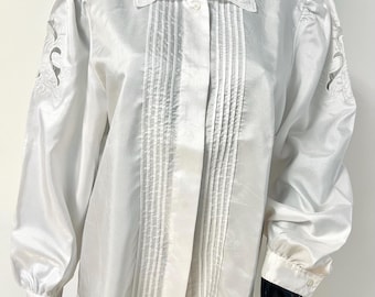 Vintage 80s White Satin Blouse by Yessica – Embroidered Collar & Sleeve Cutout – Size 38,M, new,never worn- elegant women blouse