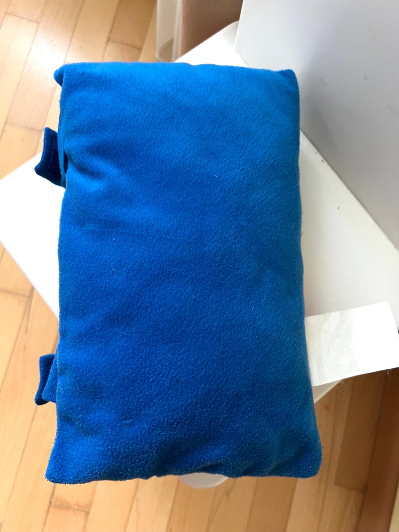 May include: A rectangular, bright blue plush pillow with a soft, fuzzy texture. The pillow features two small blue fabric tabs extending from the left side and a white, blank rectangular fabric tag attached to the right side of the item.