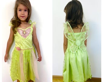 Costume da fata Trilli Disney con ali/ 7–8 anni (122–128 cm)/ Vestito da principessa verde rosa scintillante/Halloween per bambine