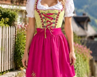 Vintage Dirndl Set: Grün kariertes Kleid, rosa Schürze, bestickte Bluse (EU 38)