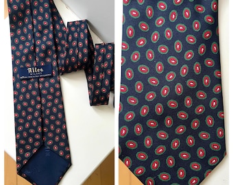 Vintage Allea Milano Men’s Silk Tie – Dark Blue with Red Pattern, Wide 10cm, Made in Italy