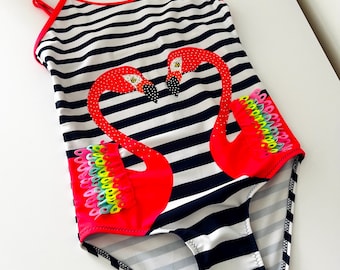 Vintage Style Girls One-Piece Striped Flamingo Swimsuit • Size 5-6 Years • New, Never Worn