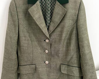 Veste Trachten en lin vert traditionnel autrichien pour femme, style vintage Wild&Wald • Taille EU 40, M, US 8/10 •