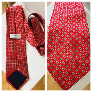 Vintage Isrida Red Silk Tie with Black White Geometric Diamond Pattern - 100% Silk Retro Tie 90s - Collectible Designer Tie - Gift for him