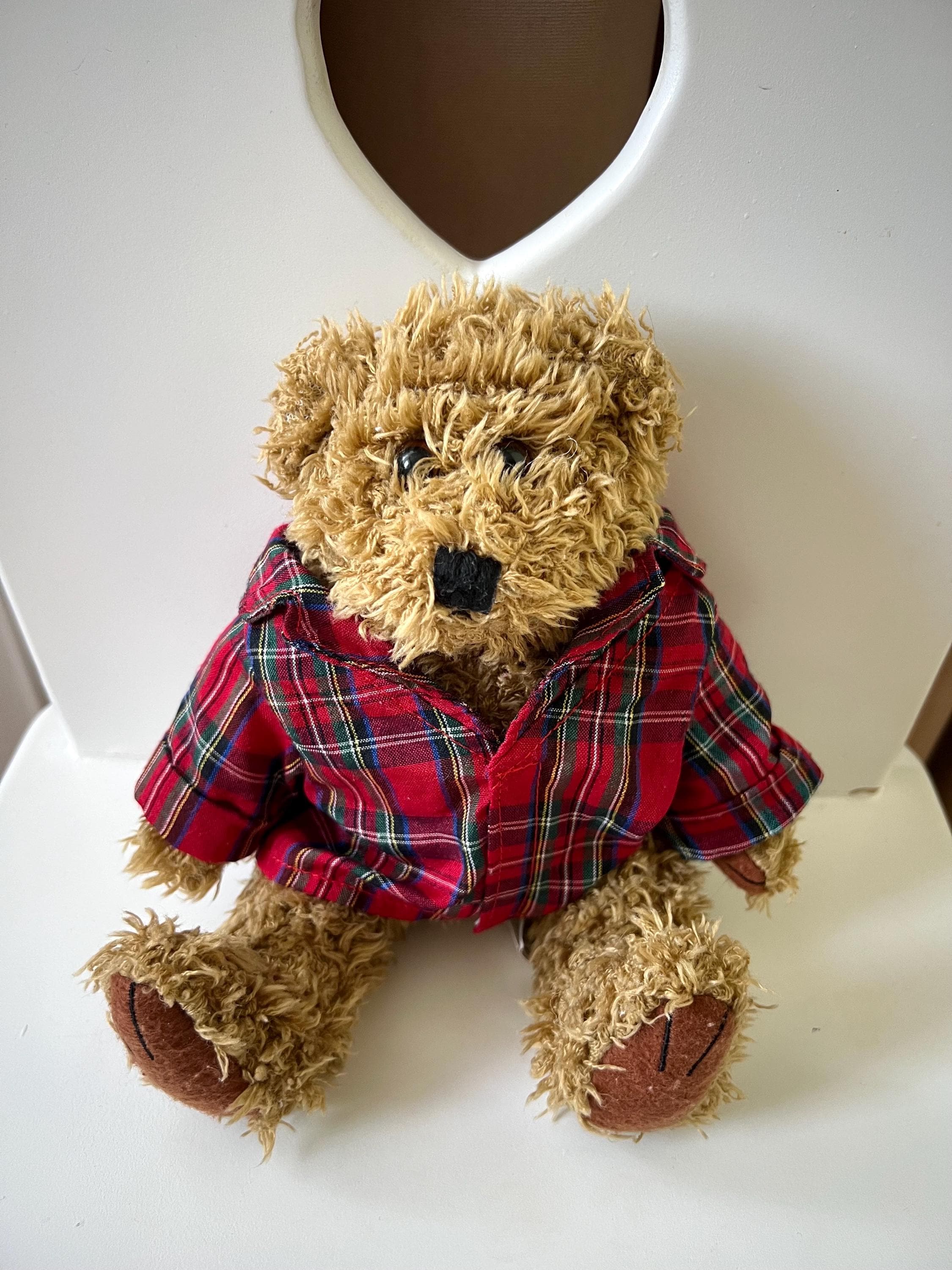 Vintage Plush Teddy Bear in Red Tartan Check Shirt, Collectible