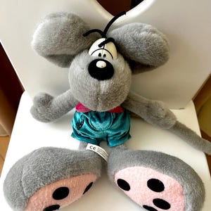 Vintage seltene graue Diddl Maus Plüsch • 35 cm • Sammlerstück Deutsche große Pfoten Maus im türkisfarbenen Strampler