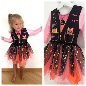 Toddler Halloween Witch Costume Dress – Size 1.5–2.5 Years (Height 86–94 cm) – Pink & Black Star Tulle with Fox print